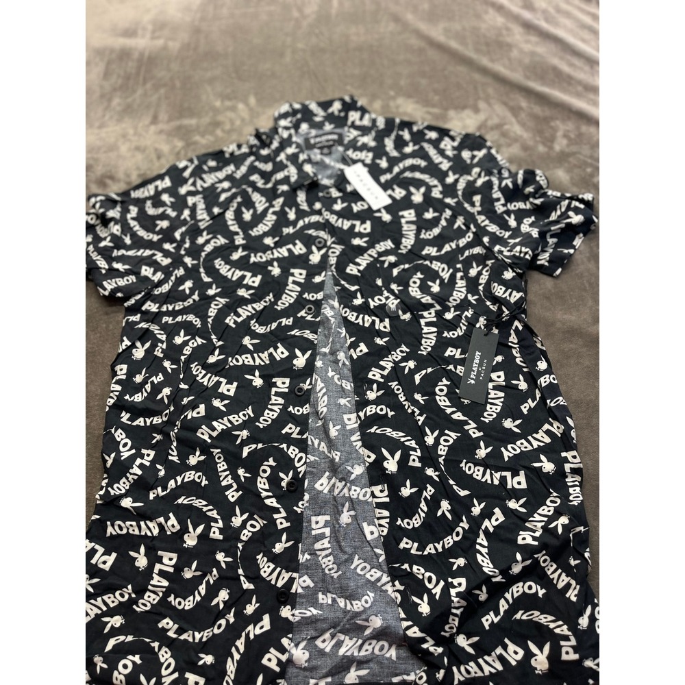 Playboy by PacSun Mens Short Sleeve‎ Button Down Shirt Black White Logo Print M